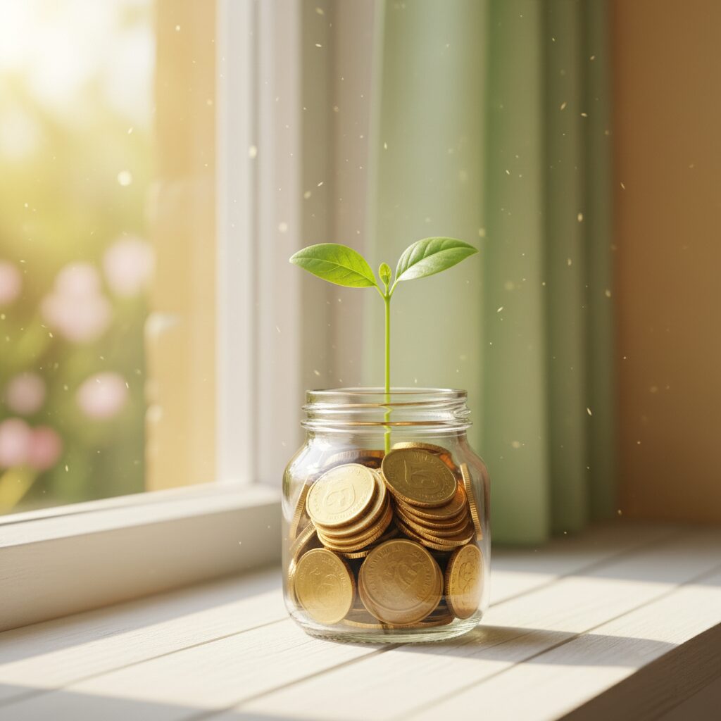 高額療養費制度のイメージ：コインの瓶から芽吹く植物
