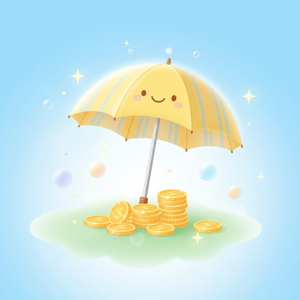 明るい空と傘で守られたコインのイラスト風イメージ