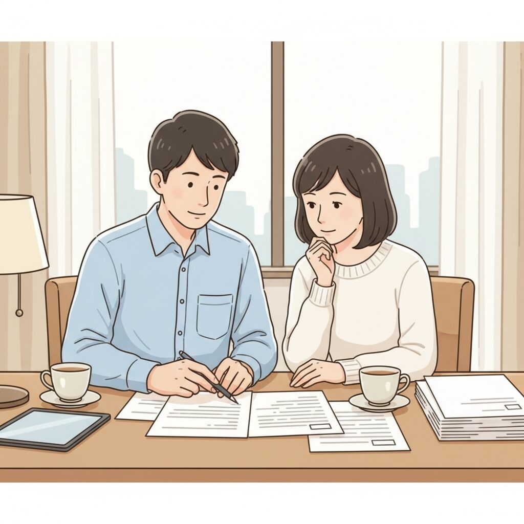30代の夫婦が保険の書類を確認しているイラスト