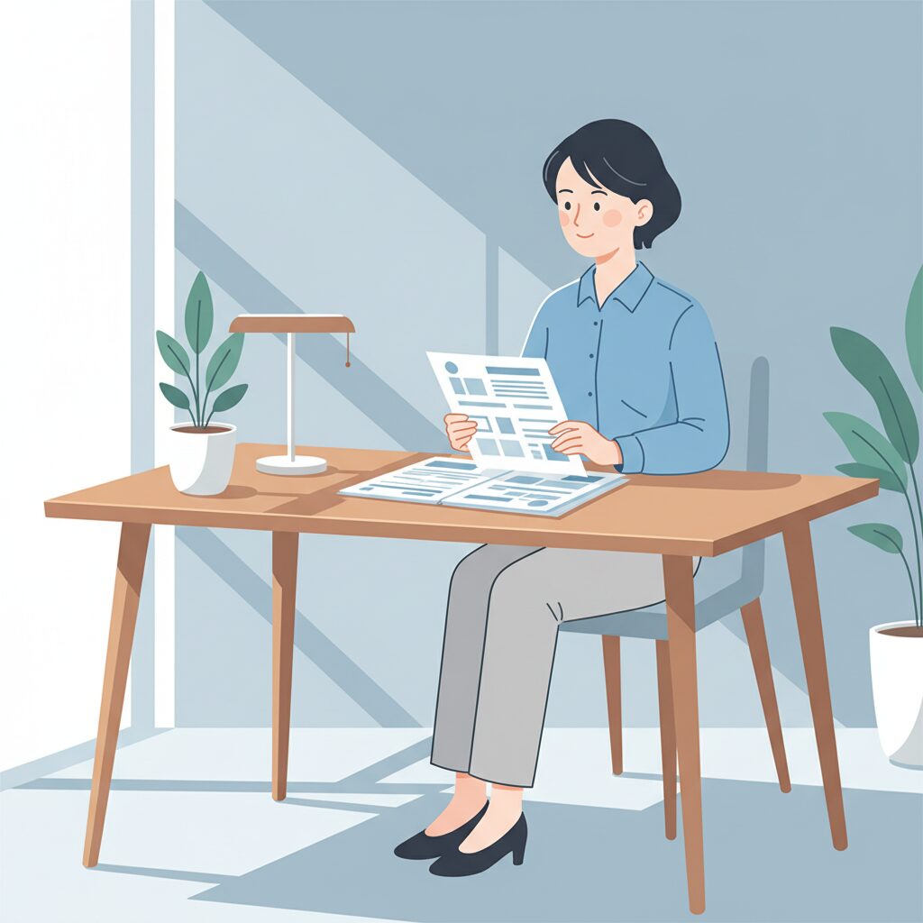 会社員が保険書類を確認しているイラスト