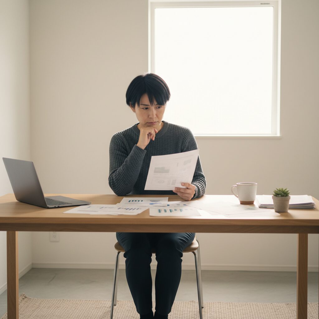 保険書類を見直す独身30代の人物