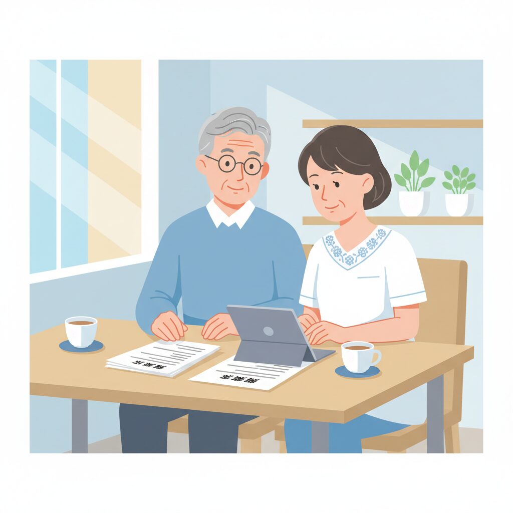 50代夫婦が保険証券を見直しているイラスト
