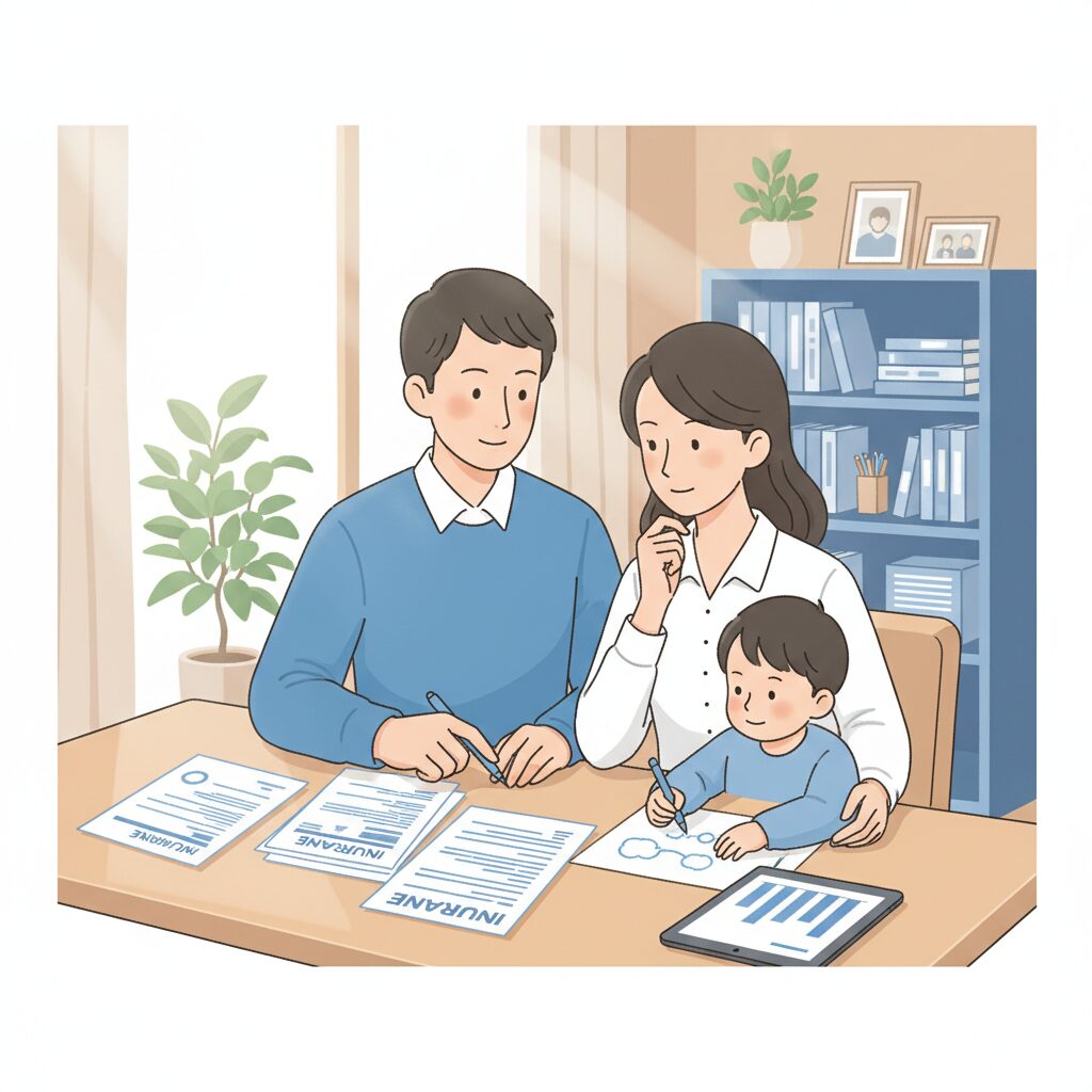 子育て世代の夫婦が就業不能保険の書類を確認しているイラスト